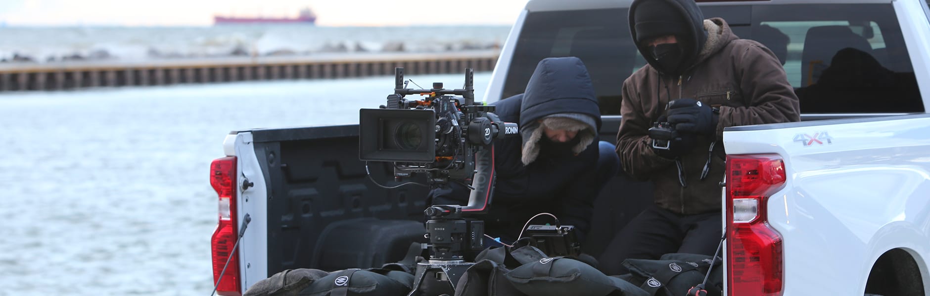 A film crew shoots a scene on the Port Dalhousie Piers.