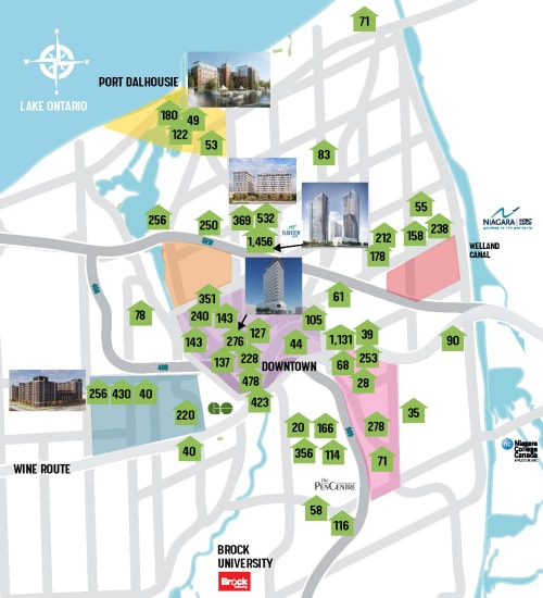 A map of St. Catharines showing new and planned housing construction throughout the city.